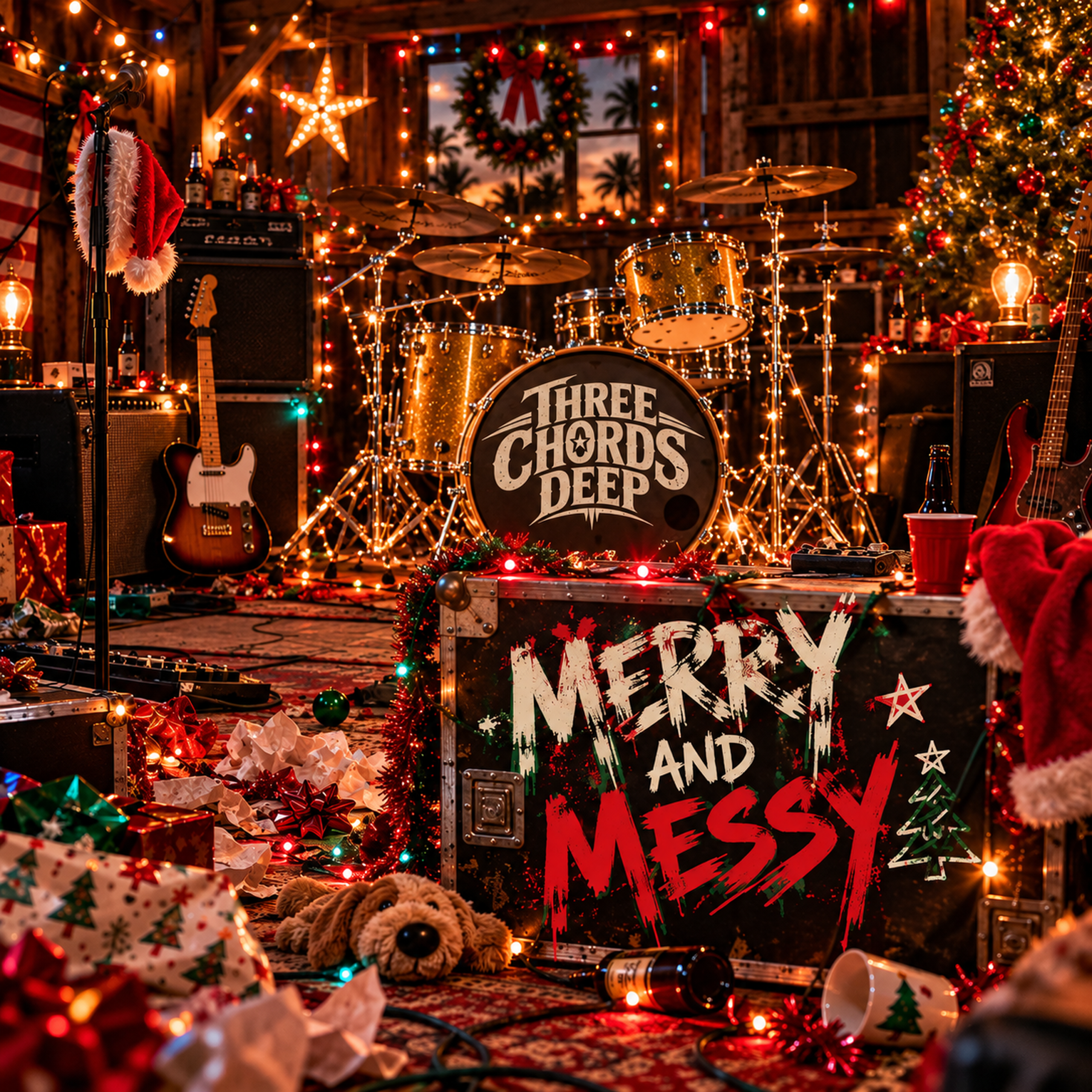 Album Cover for Merry and Messym Depicts Miles' Drhmset in a room covered in christmas decorations